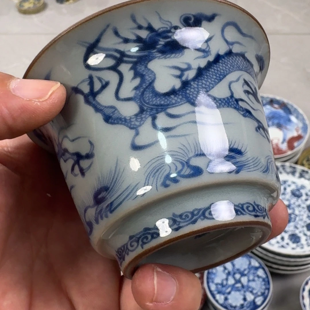 杯老陶泥青花穿云龙两才盖碗