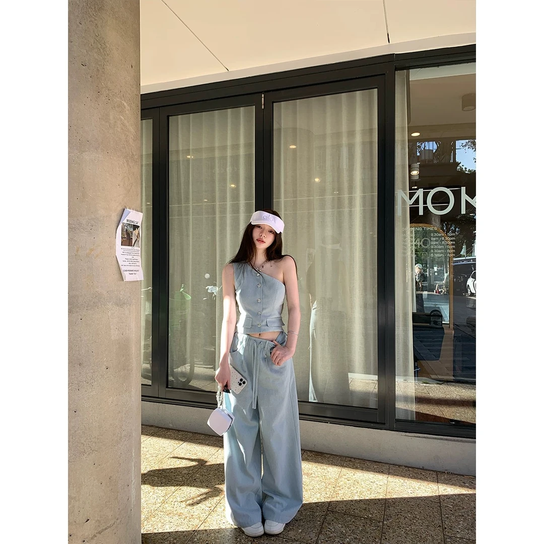 【極简老钱调】设计感牛仔背心女水洗复古单肩上衣牛仔阔腿裤件套潮