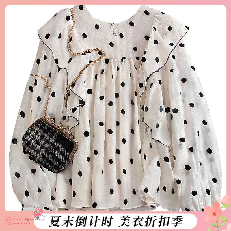 丝柏舍2025欧若风莱赛尔夏季甜美波点长袖荷叶边衬衫S41B0821CS