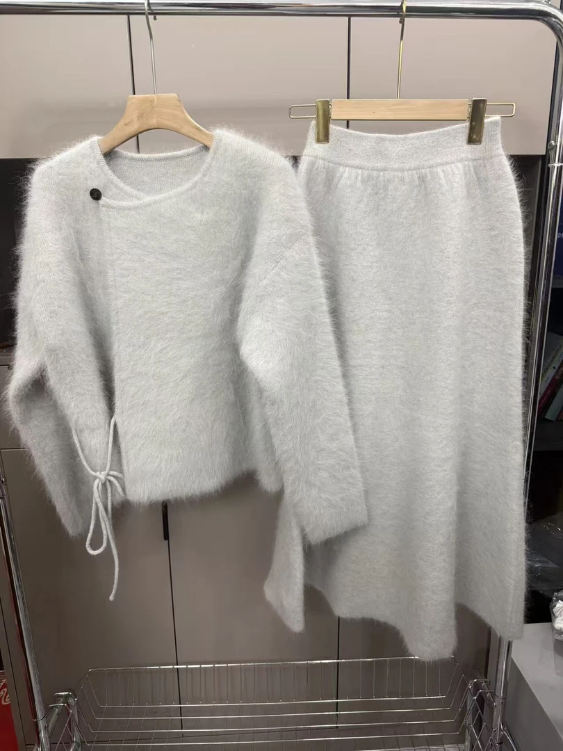 2025秋冬新款宽松慵懒风浣熊毛衣裙子长毛针织套装