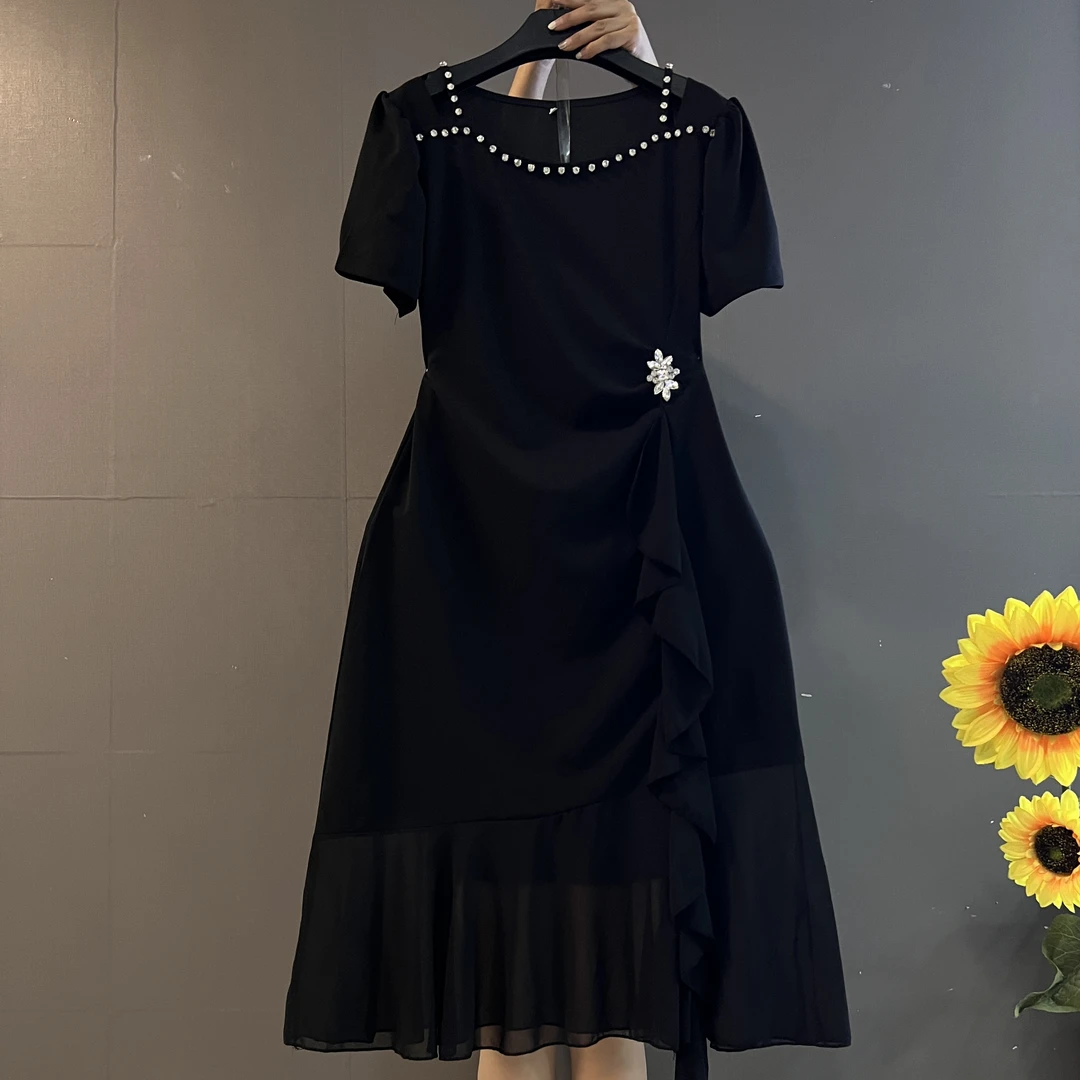 圆领收腰显瘦时尚气质捏褶百搭雪纺拼接连衣裙9058