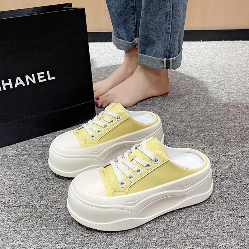 2025春季6厘米松糕底板鞋包头半拖厚底休闲脚蹬拖鞋系带单鞋女鞋