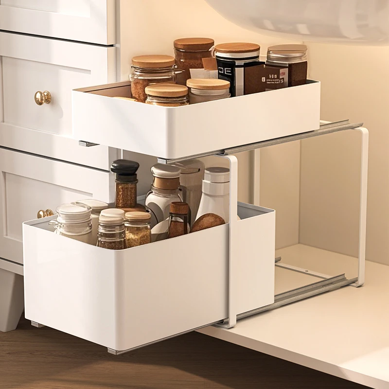 不锈钢下水槽置物架抽拉式厨房碗碟调料拉篮收纳盒洗手台下分层架