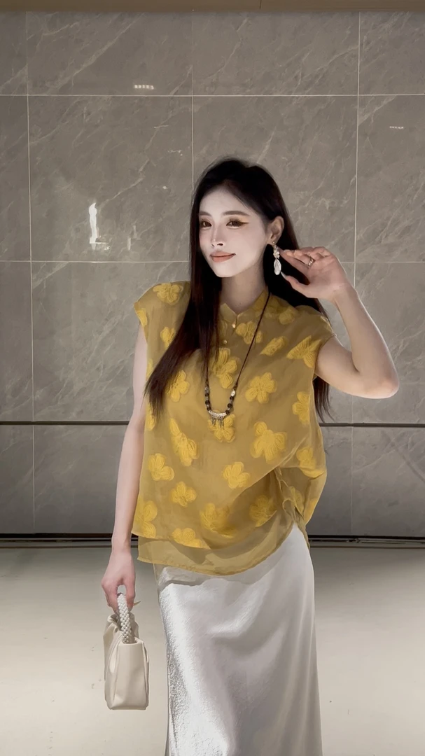 新中式国风TTG盘扣设计复古提花接拼欧根纱无袖背心衬衫衬衣2580#