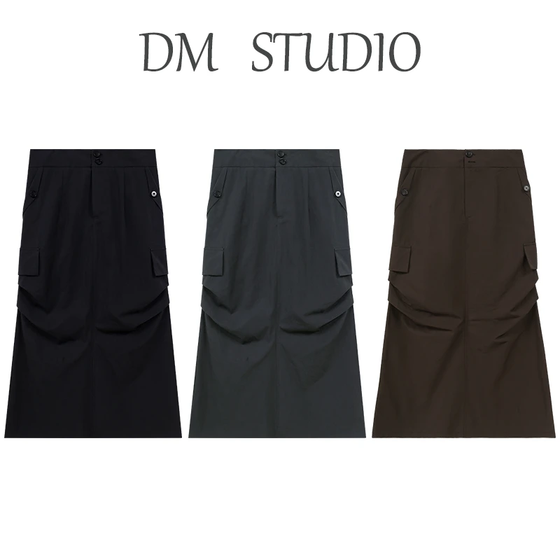 DM20263【工装裙】高腰拉长腿部线条瘦腰立体褶设计减龄半身裙