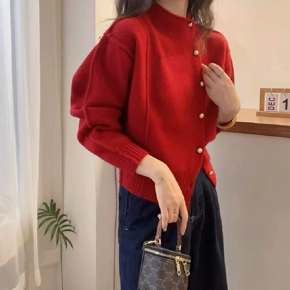 春秋女装宽松显瘦百搭时尚复古港风圆领长袖开衫拼接休闲毛针织衫