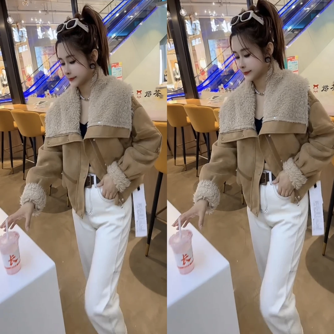 时尚秋季女短外套洋气翻领免烫时尚宽松型加绒撞色冬季