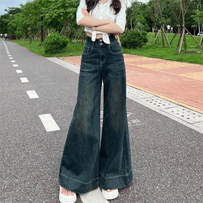 B春夏季厚款牛仔裤女2025年新款高腰宽松不贴腿喇叭裤子显瘦xx