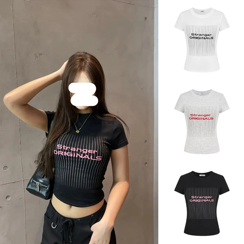 Moses Queen/魔西女王美式复古字母印花正肩短袖t恤修身辣妹上衣