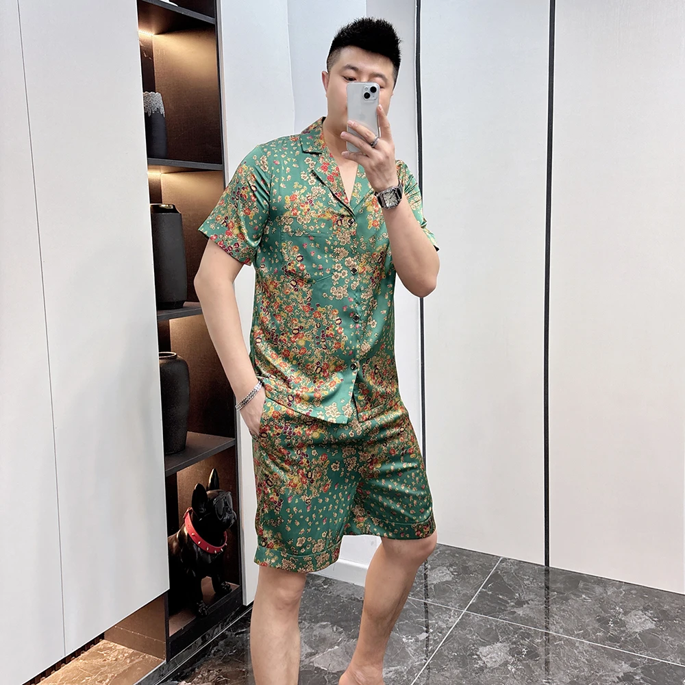 《特价4XL，5XL》碎花冰丝薄款可外穿家居服套装