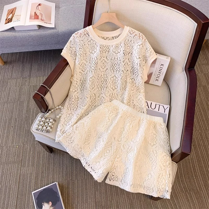 洋气镂空提花上衣短裤两件套女夏季大码胖mm显瘦减龄洋气时尚套装