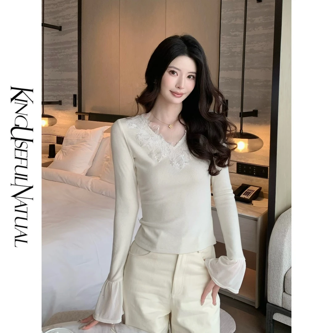 KUN【初雪花边】柔美绽放 夹银丝弹力蕾丝花片米一眼心动打底上衣