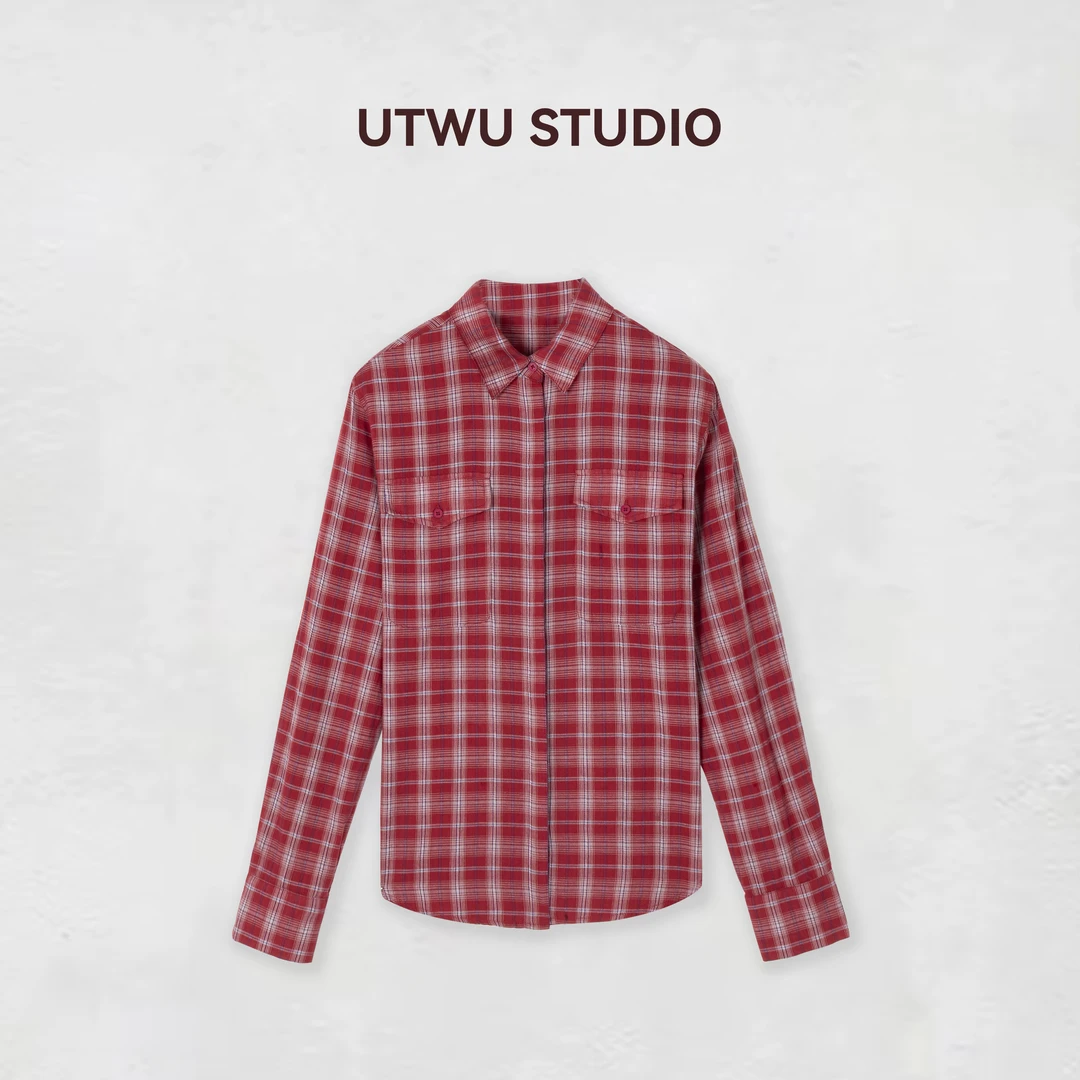 UTWU「古着红格」棉混纺春夏季长袖双口袋百搭红格衬衫S25C1015