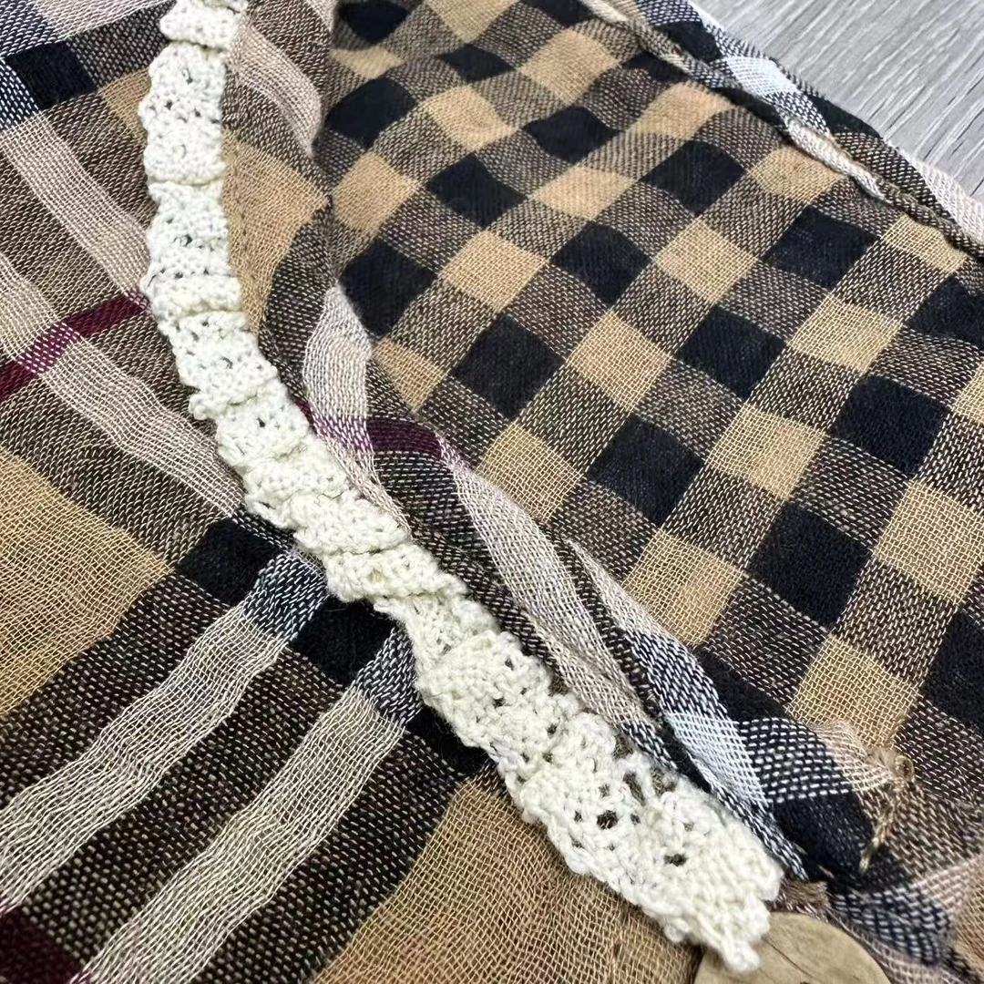 百瑞-咖色罗布麻花边双层纱家居服（上衣+裤子）