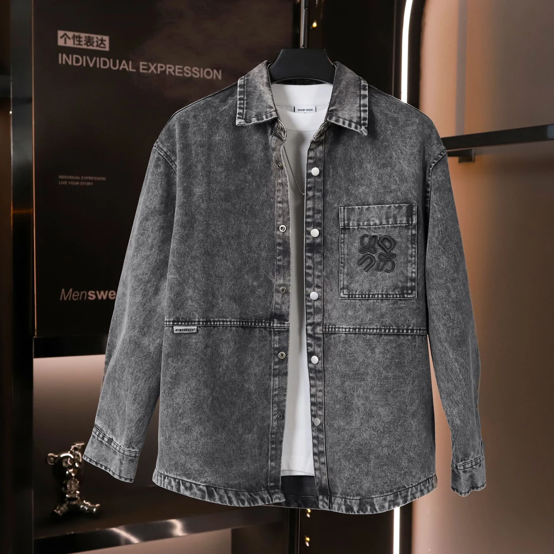 男士秋季不褪色印花时尚常规款男做旧夹克韩版百搭水洗牛仔外套