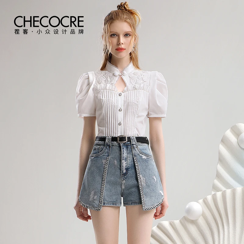 茬客新中式立领衬衫夏季盘扣镂空立体花压褶短袖上衣女CM21685A