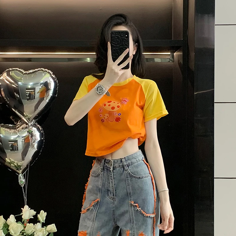 多巴胺彩色穿搭甜辣蘑菇插肩短袖t恤女夏季设计感高腰短款上衣ins