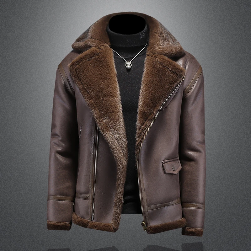 Mandsibil曼德西比利男冬季痞帅潮流皮毛一体外套保暖斜拉链夹克