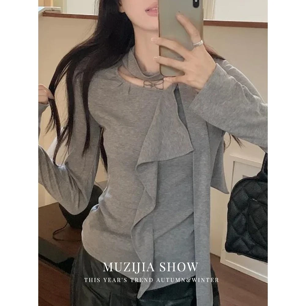 莲叶可欣灰色荷叶边内搭长袖打底衫女秋