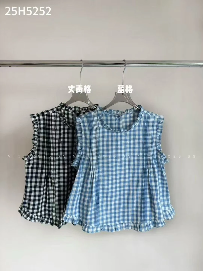 夏季新款韩版时尚百搭无袖格子衬衫女宽松减龄飞飞袖显瘦上衣