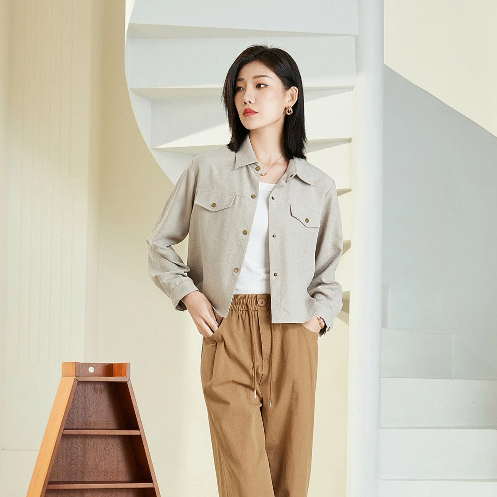 希茜567 宽松拼接秋短外套翻领单排扣百搭女衬衫