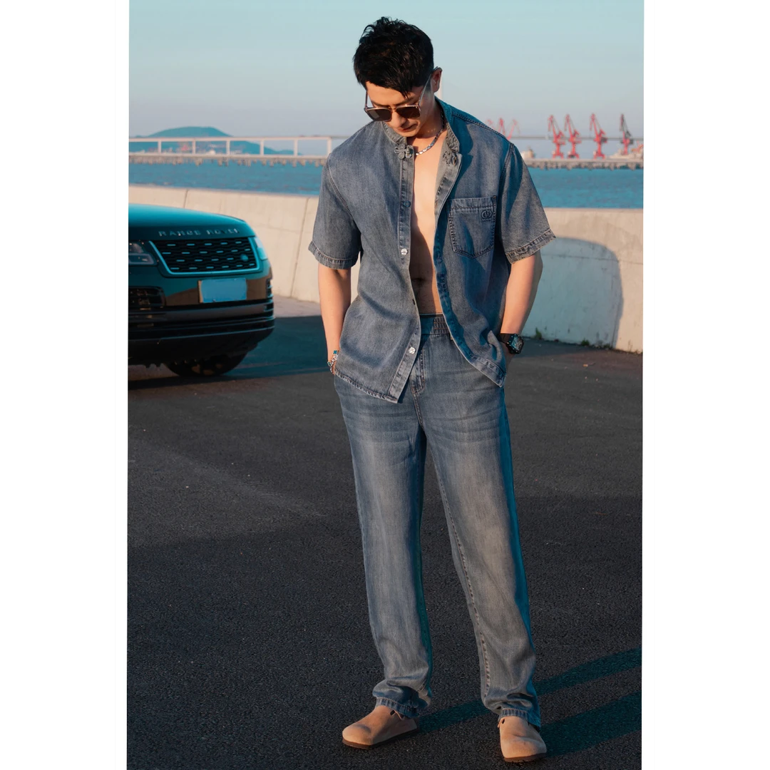 莱赛尔时尚休闲夏季新款牛仔短袖衬衫YJT20078【清】