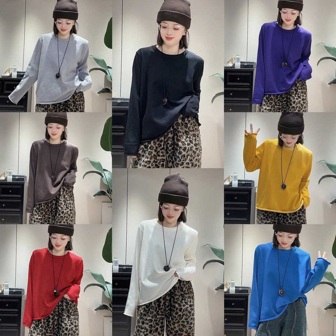 双双韩系多巴胺卷边宽松纯色圆领针织长袖T恤百搭时尚内搭慵懒风