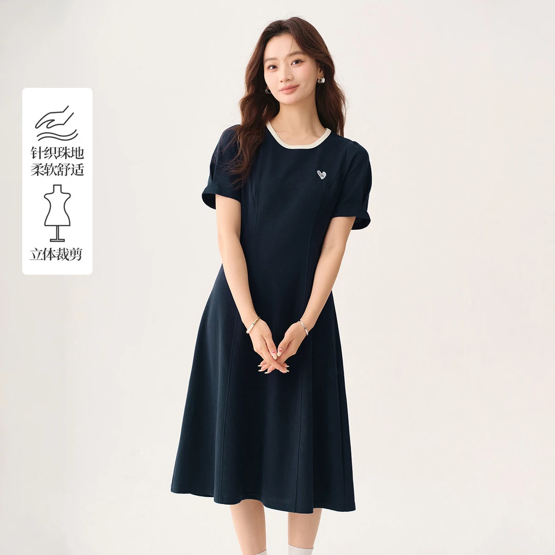 茵曼2025夏季新款女连衣裙裙子气质显瘦短袖T恤休闲印花收腰时尚