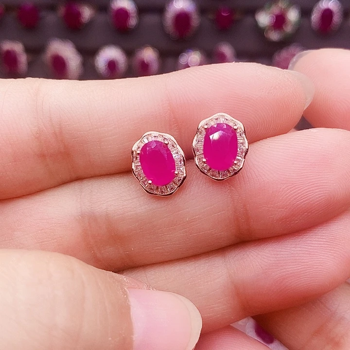红宝石耳饰银S925镶嵌