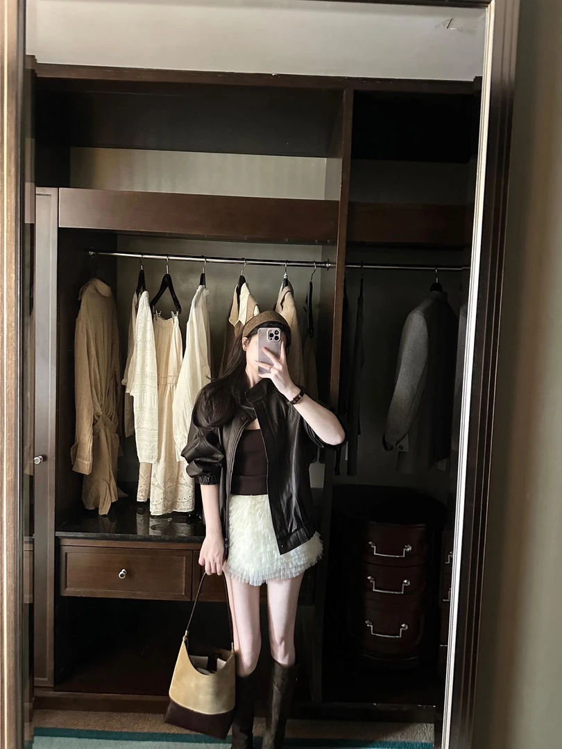 2025秋季新款酷飒风皮衣外套女皮夹克小个子高级感吊带半裙三件套