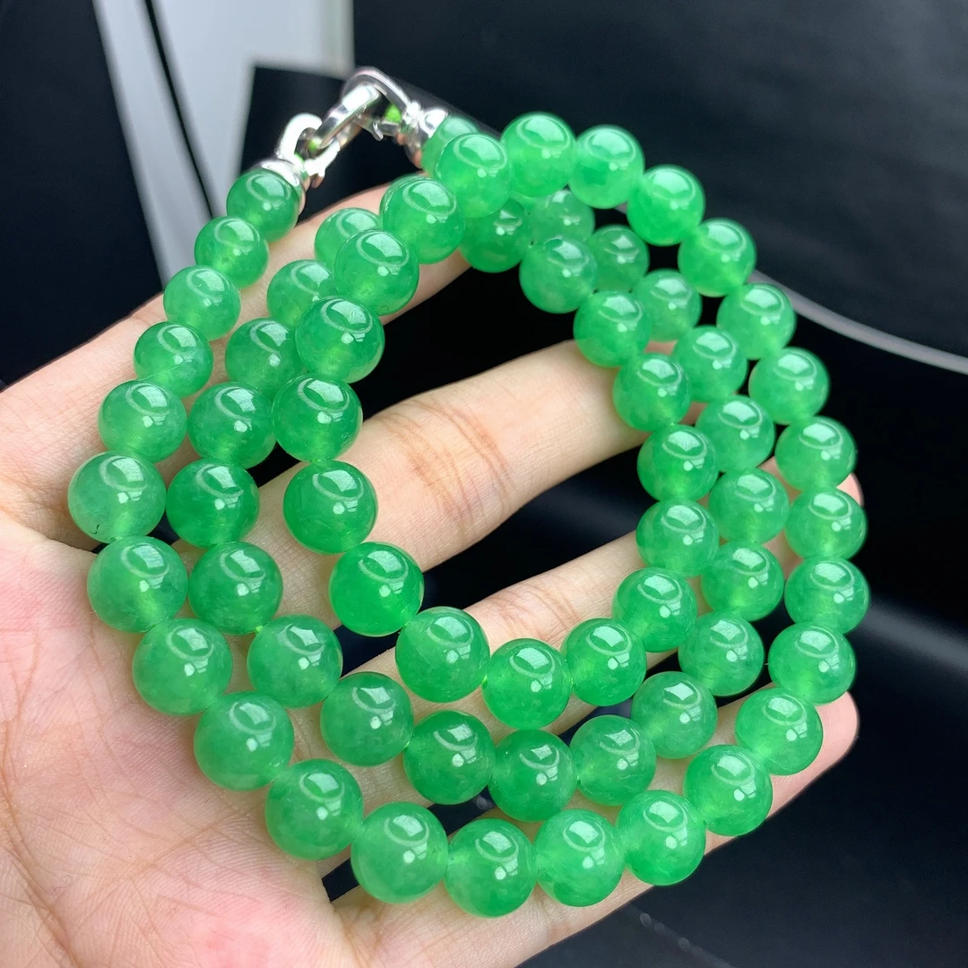 缅甸A货翡翠冰阳绿色圆珠项链珠链多圈长串5JY2T17卡8-9.2mm600mm