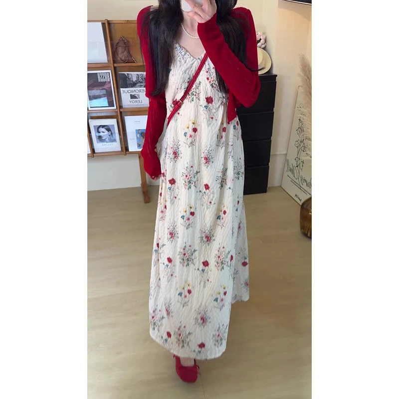 法式甜美风碎花吊带裙大码套装女夏季薄款开衫收腰显瘦连衣裙