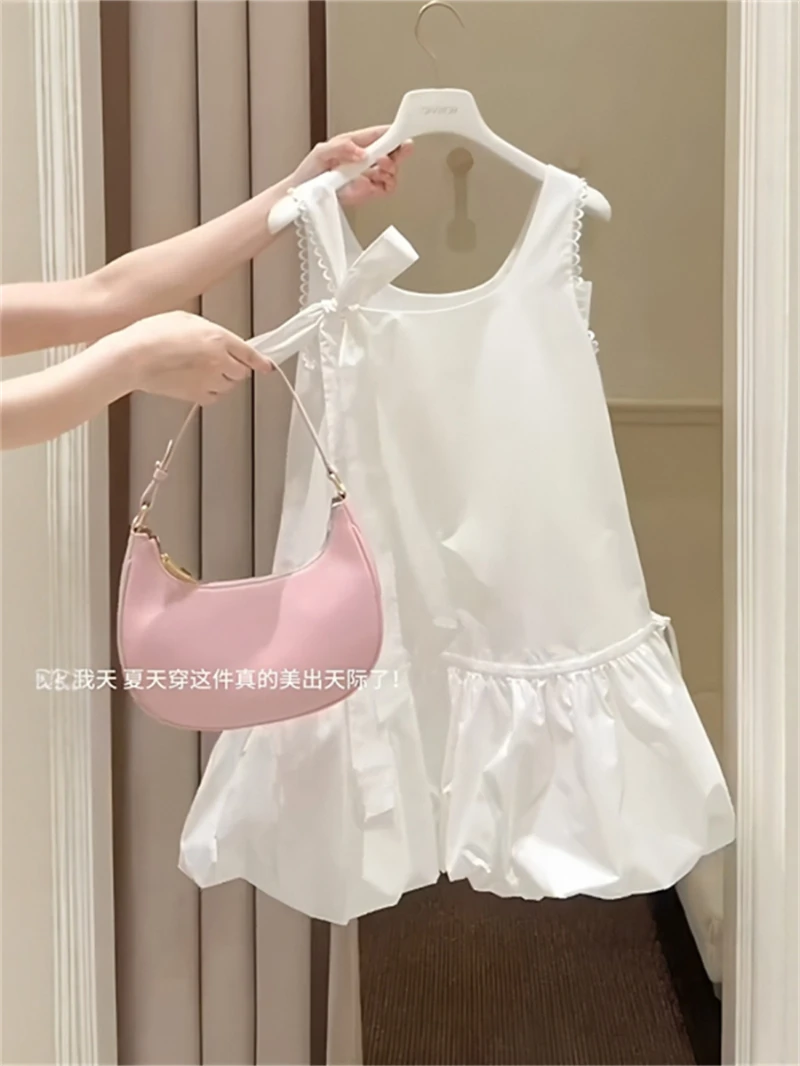 白色蝴蝶结飘带无袖吊带裙女2025年夏季新款韩系甜美千金风花苞裙