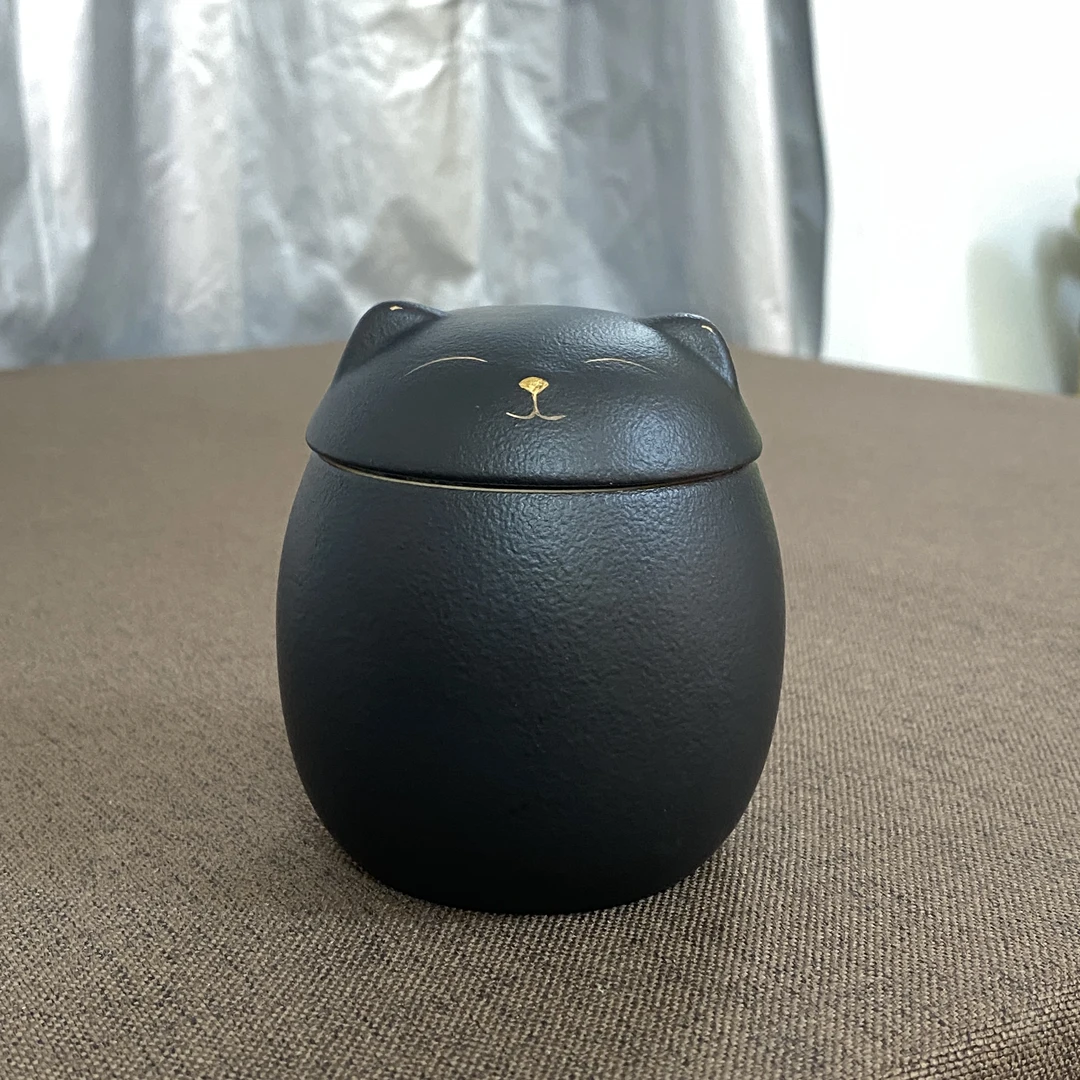 她山她海【黑色猫咪茶叶罐】茶仓茶道周边配件茶罐高8cm