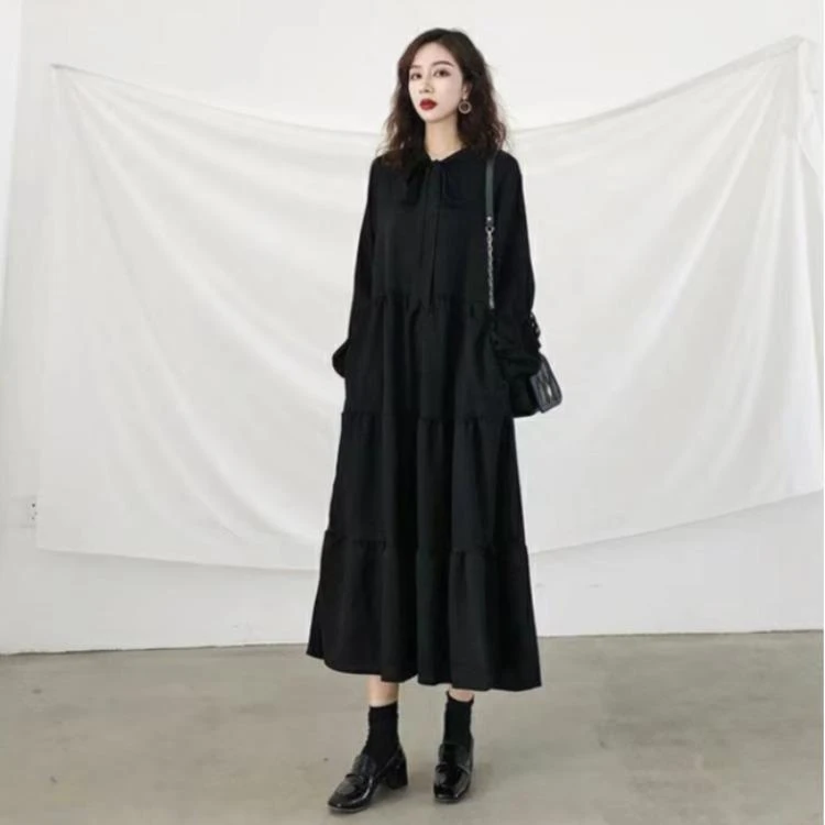 大码女装2025秋季新款胖mm遮肚显瘦法式气质黑色赫本风长袖连衣裙