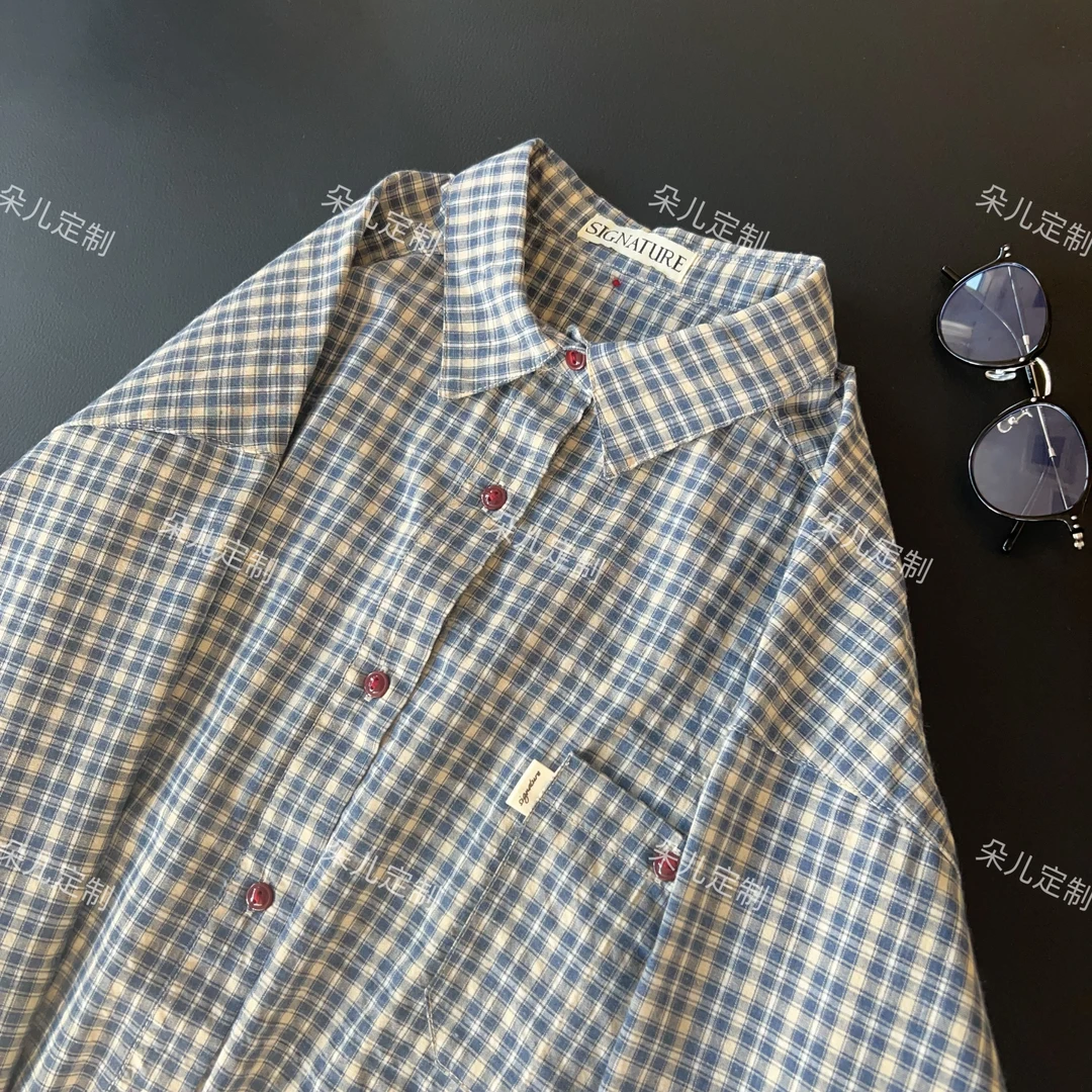 朵儿定制 后背小标蓝格子衬衣 经典宽松百搭IP35