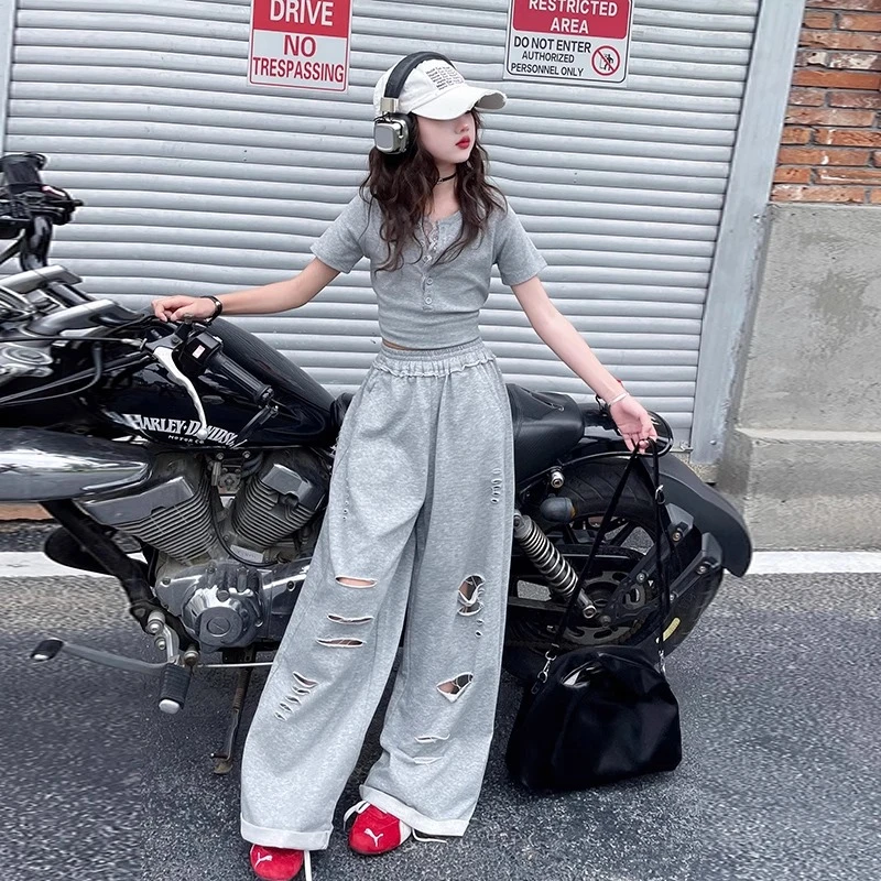 女童2025夏季新款韩版套装T恤夏季短袖上衣时尚破洞阔腿裤两件套