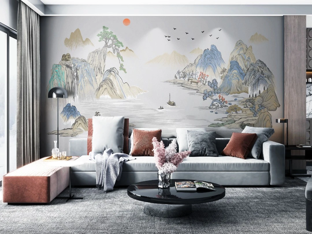 溪山隐秀图高端新中式沙发背景独绣墙布刺绣国潮