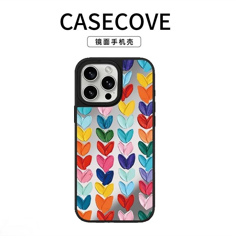 油画爱心适用苹果16promax手机壳iPhone15pro镜面14全包13防摔12