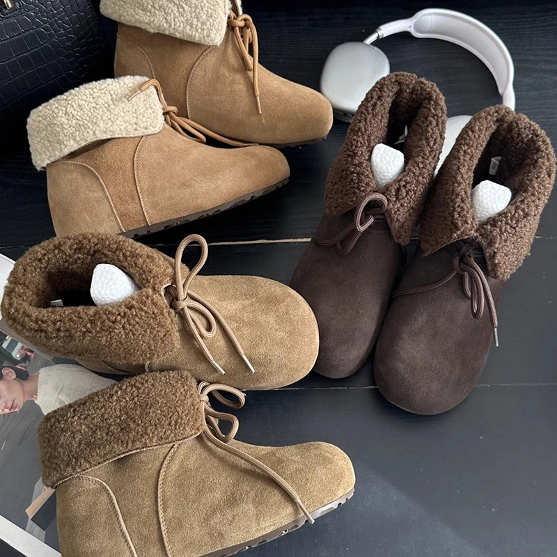 两穿增高雪地靴女2025冬季新款韩版百搭棉靴加绒加厚翻边磨砂短靴