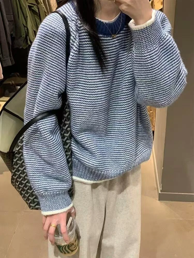 韩系复古蓝白条纹毛衣女秋冬宽松慵懒休闲加厚针织上衣百搭
