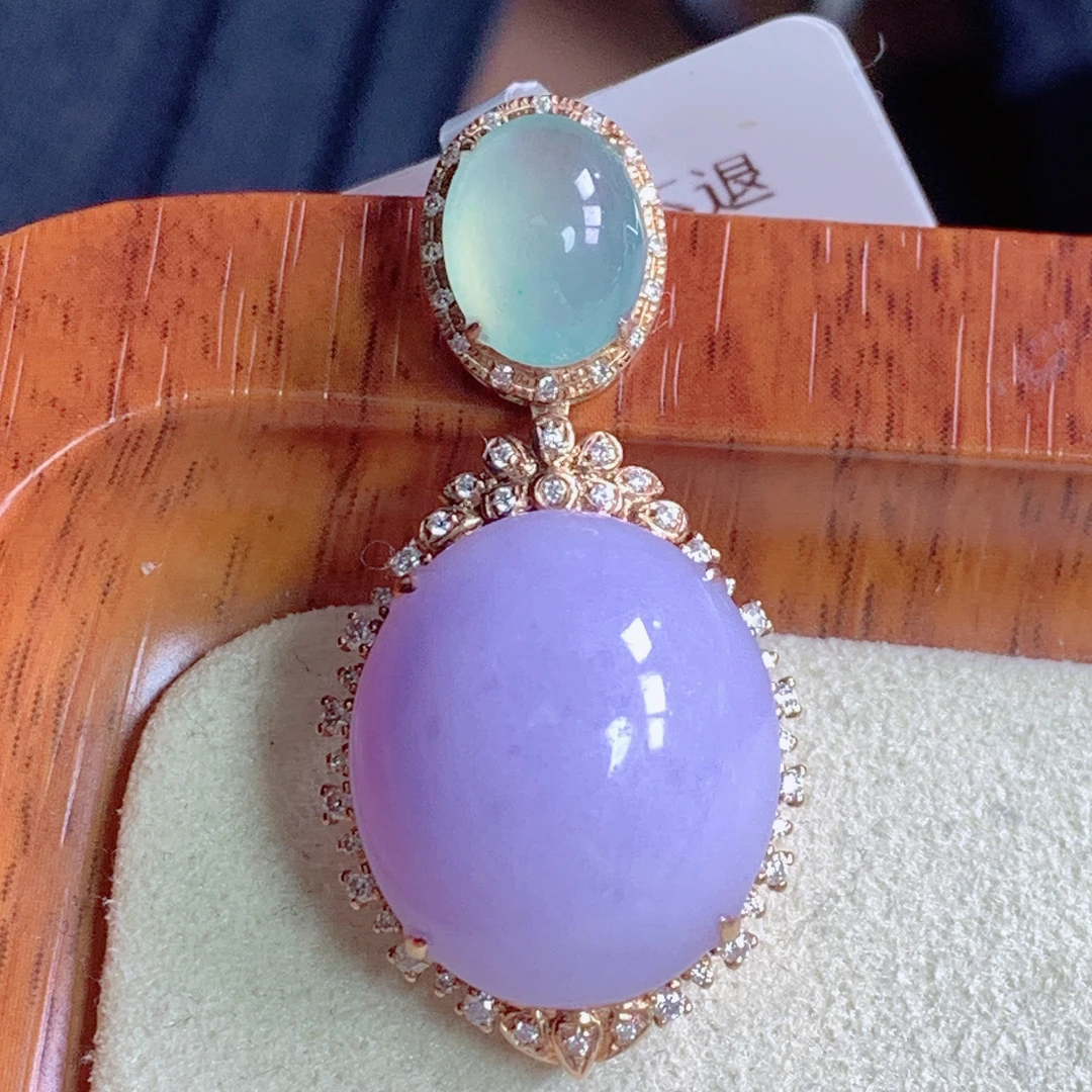 天然缅甸A货翡翠18k金紫罗兰双蛋面吊坠j整35.3石17.5/15.2/7.6mm