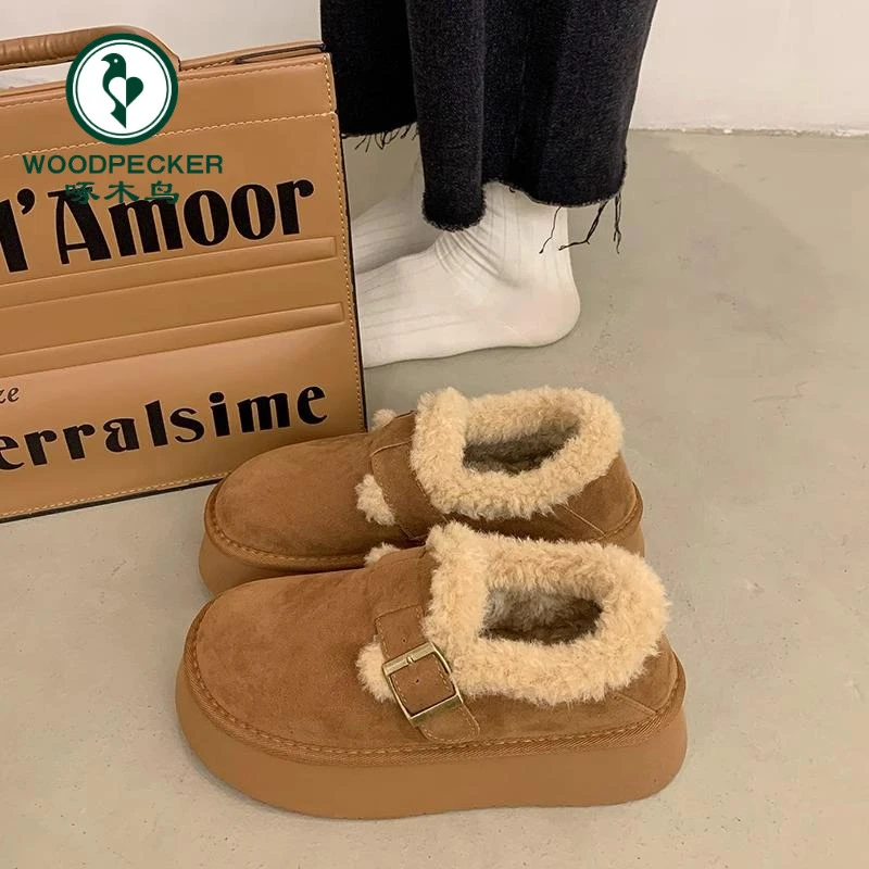 啄木鸟厚底雪地靴女款2025年新款冬季加绒加厚毛毛保暖勃肯鞋棉鞋