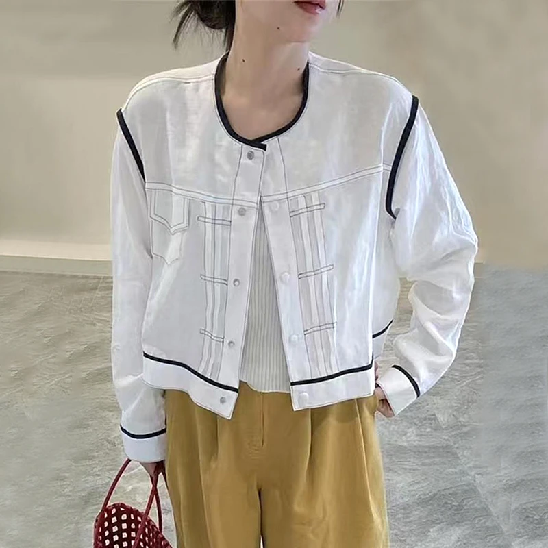 明线设计圆领衬衫女春韩版小个子气质宽松显瘦松弛感撞色长袖上衣