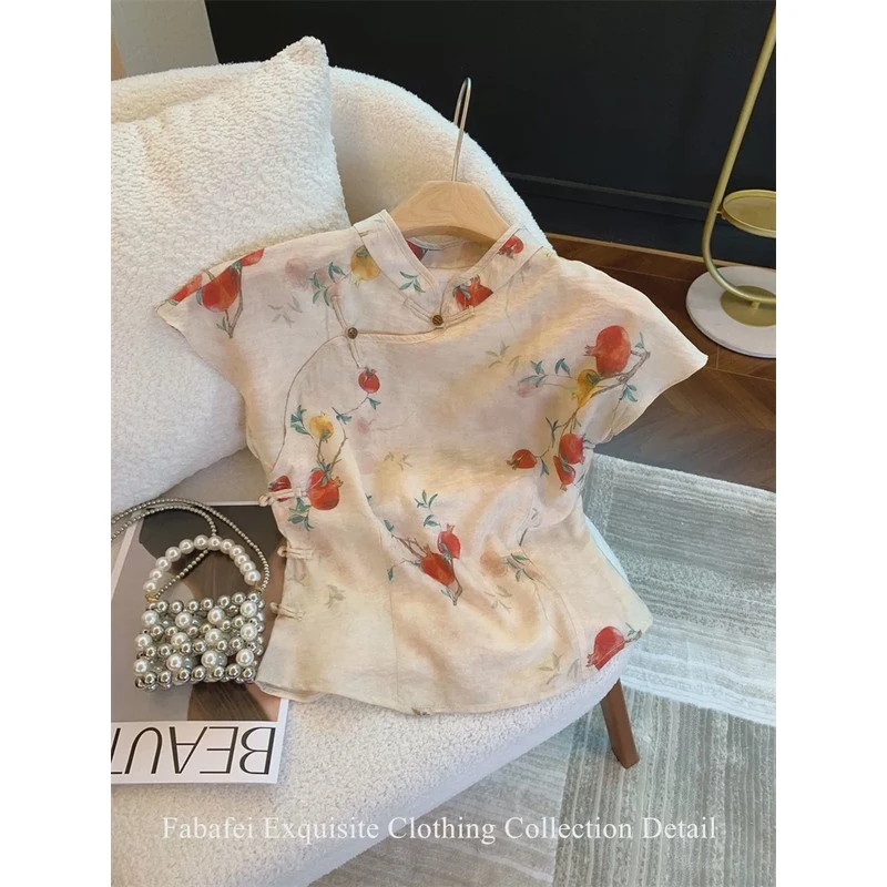 新中式改良旗袍领小上衣碎花小飞袖衬衫女夏2025国风盘扣坎肩小衫