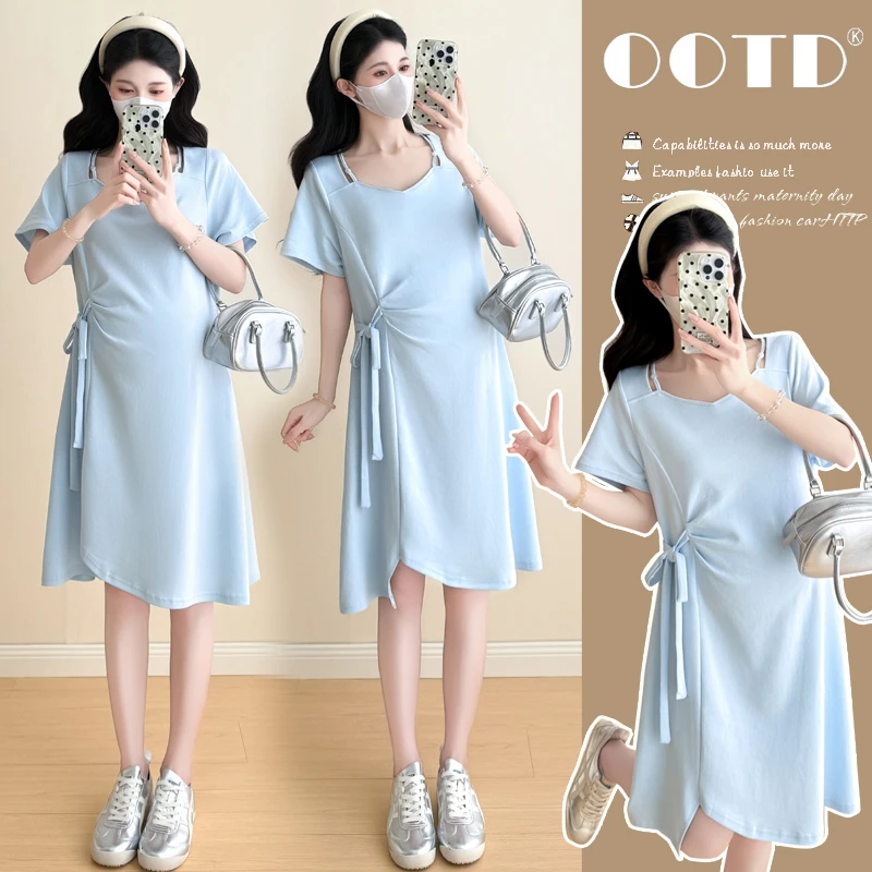 孕妇连衣裙2025新款法式宽松遮肚大码绑带短袖t恤裙夏季孕妇裙子