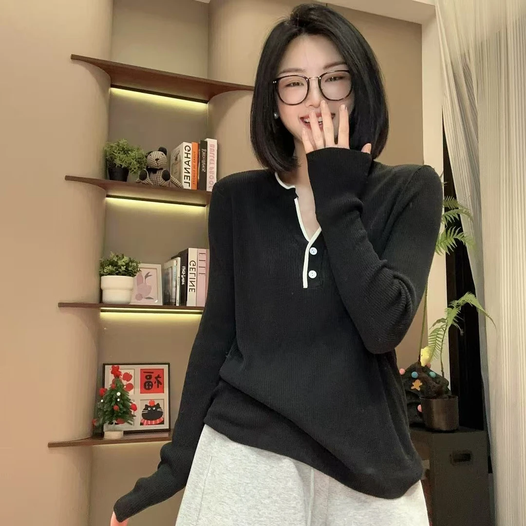 春季V领黑白边撞色32支天爽亚麻毛衣针织衫5-2-13