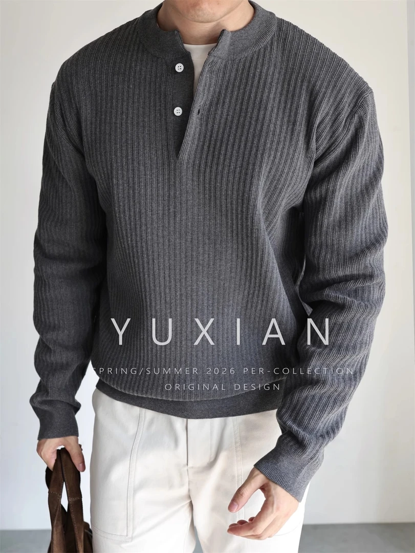 【双股强捻棉】秋冬美式坑条纯棉亨利领复古休闲商务男士百搭毛衣