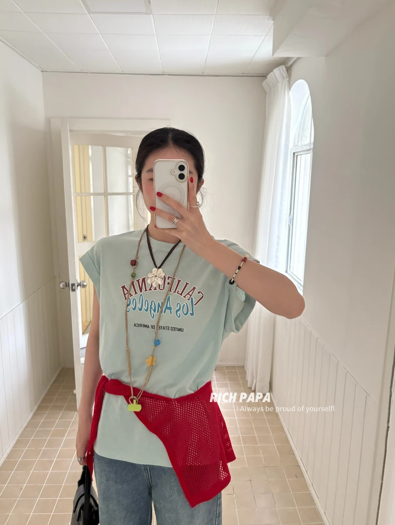 温柔瑶-PAPA#美式字母宽松百搭无袖上衣#489