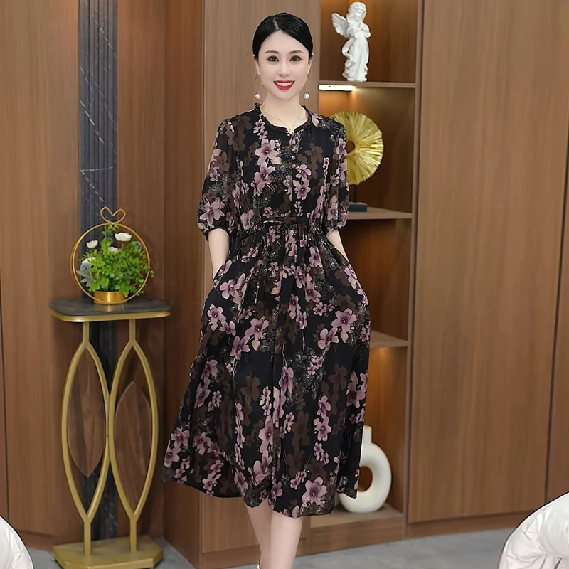 法式紫色碎花大摆裙七分袖连衣裙收腰过膝女装气质大码裙子